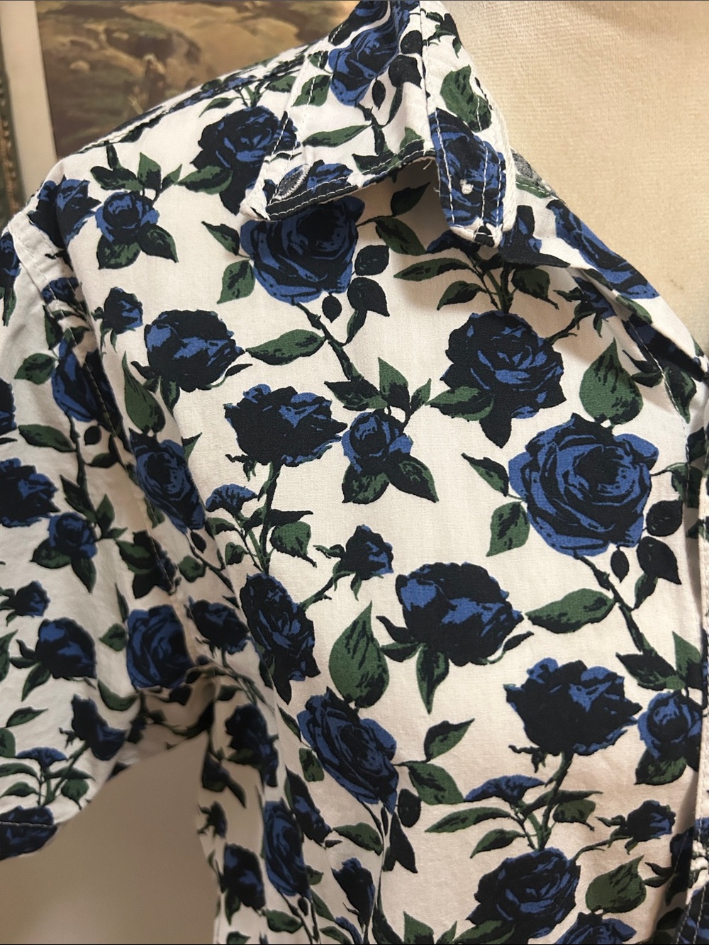 Button Down Shirt Blue Rose Print